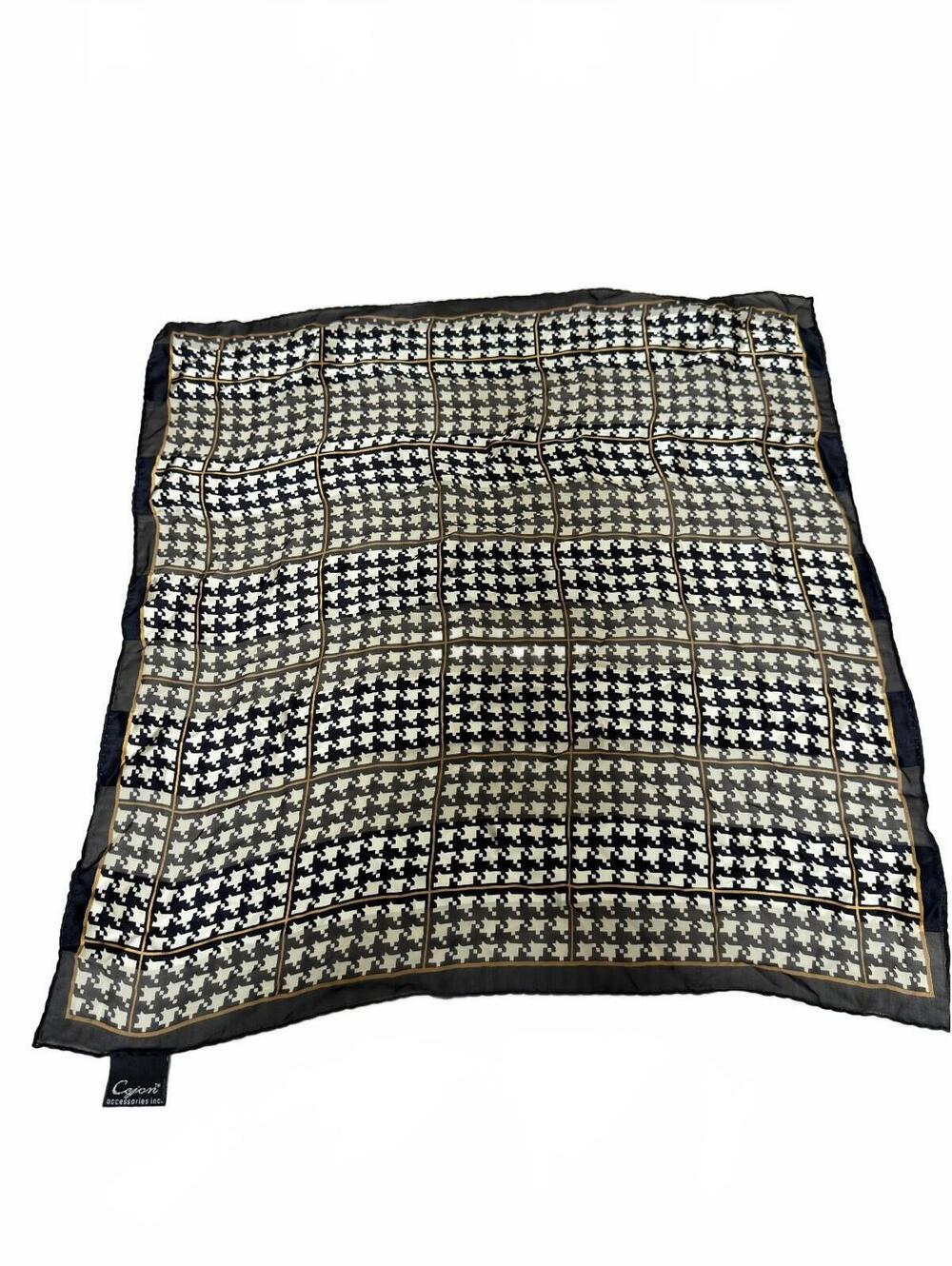 Cejon Silk Scarf Houndstooth Square Sheer Black Cream Gold 21x21